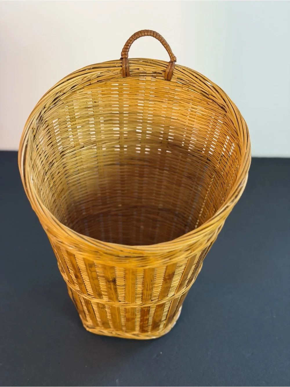 Vintage Hanging Tortoise Shell Woven Bamboo Basket Vintage 10x7in Boho Decor